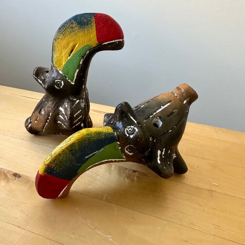Vintage Hand Painted Clay Toucan Ocarina Whistle Folk‎ Art Whistle Set of 2
